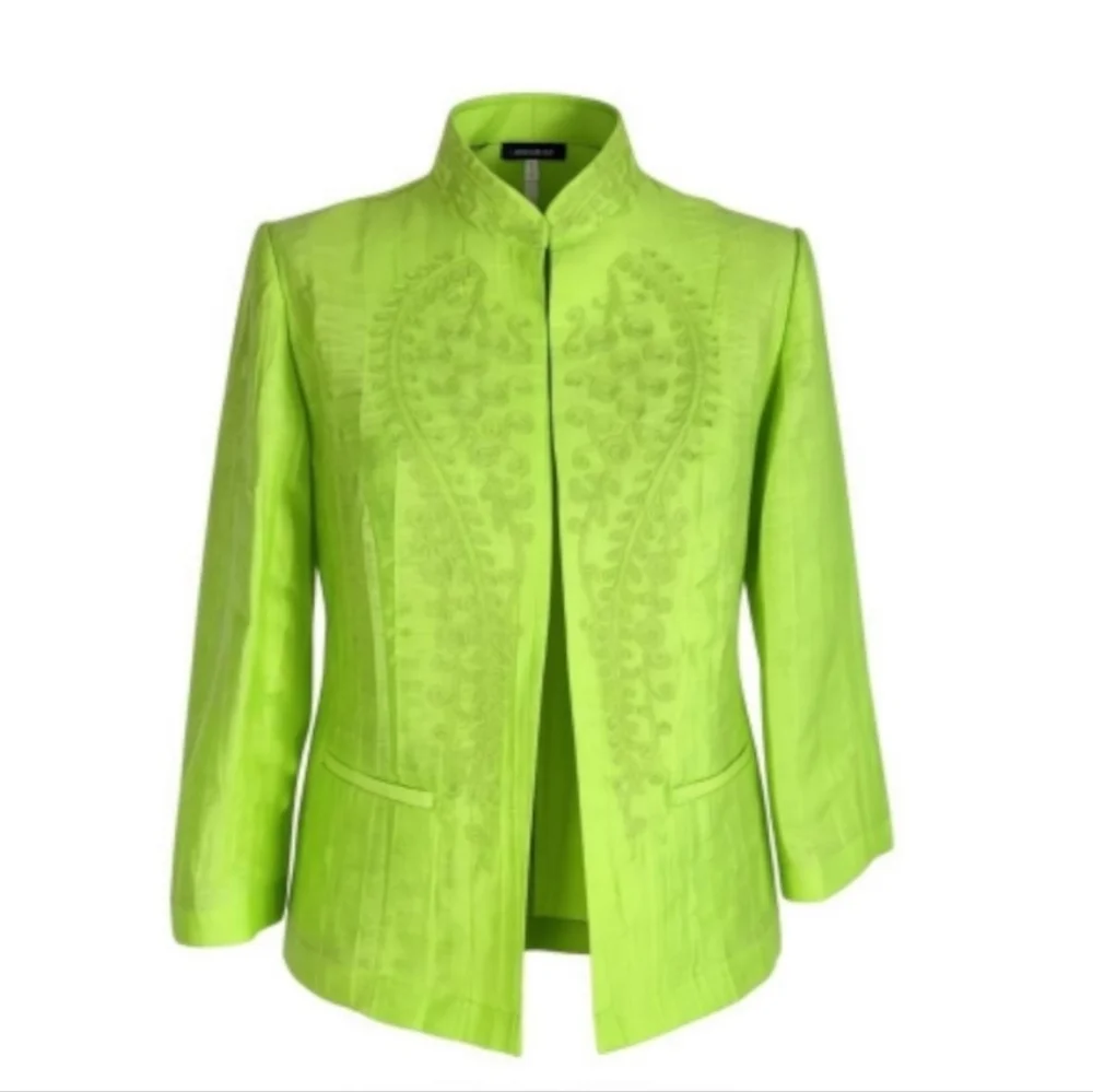 Chicos Blazer Size 0 S 4 Neon Green Open Front Embroidered Pockets Linen Blend